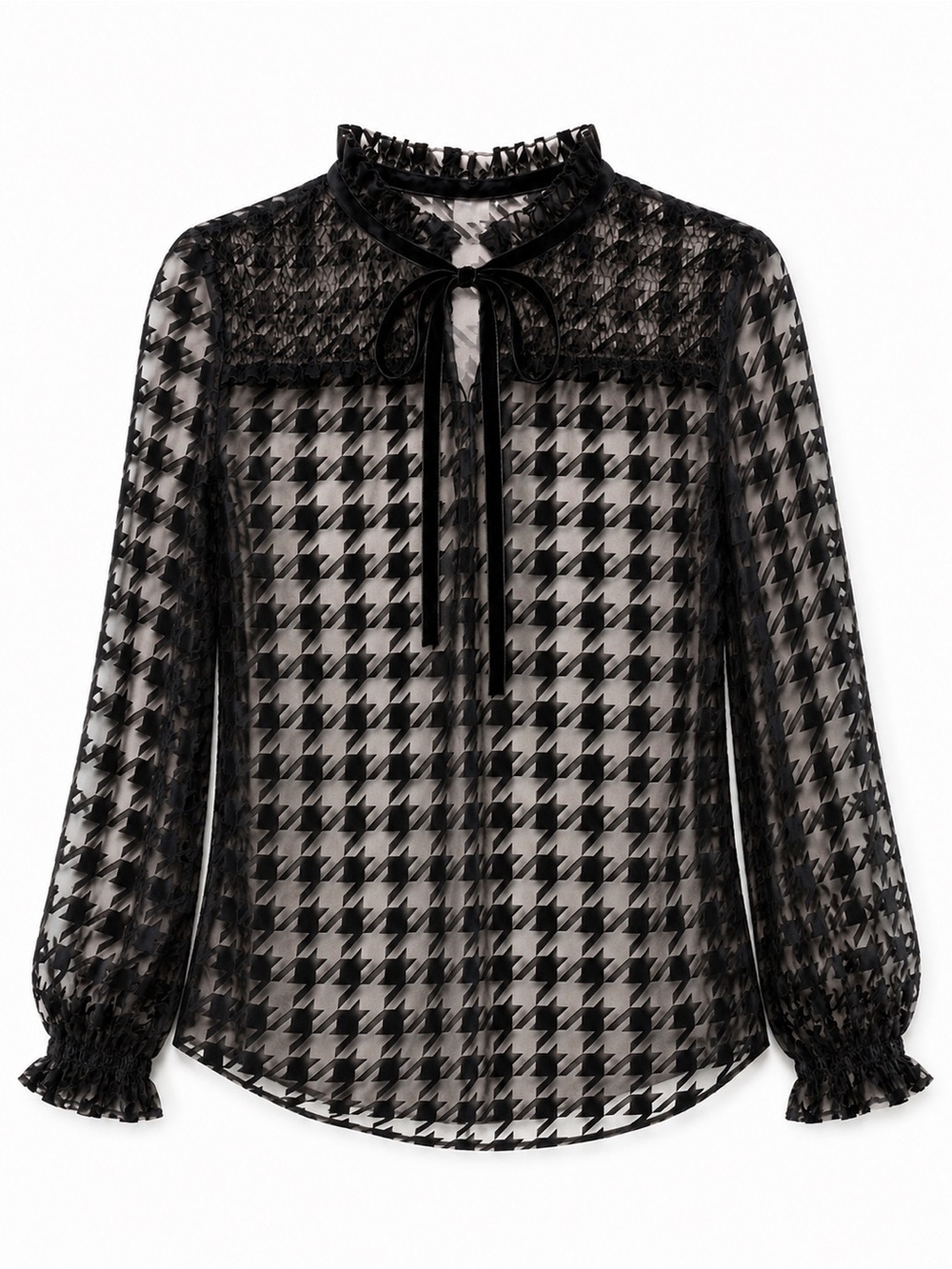 Zara Black Sheer Velvet Houndstooth Tie Neck Blouse XS